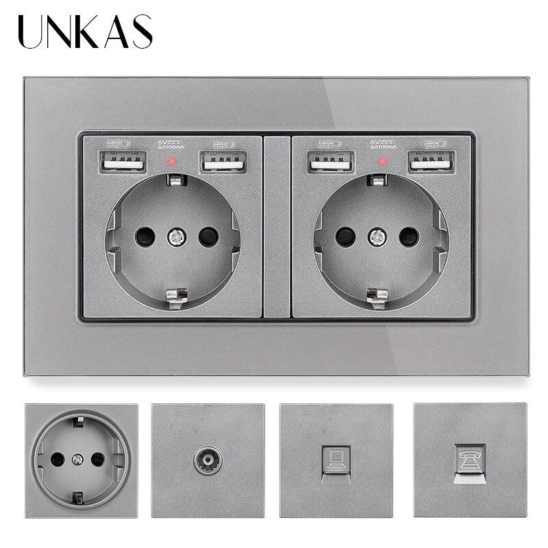 Unkas eu frans stopcontact met dubbele usb-poort + tv  rj11 telefoon  rj45 internet computeraansluiting 146mm * 86mm grijs glazen paneel stopcontact