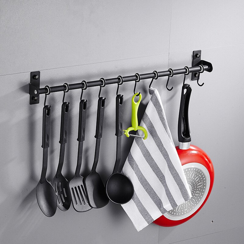 Kitchen Wall Mounted Stainless Steel Rack Rail for Hanging Knives, Pot and Pan with 6 Removable Hooks