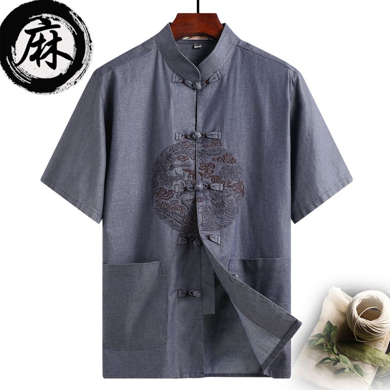 Tang costume homme moyen et vieux père vieilli été coton et lin grand-père à manches courtes vieil homme vêtements lin à manches courtes: Dark gray / XXL