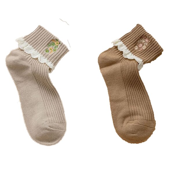 Calcetines con bordes de encaje para Mujer, medias con bordado de flores, Estilo Vintage, invierno, 2 pares: F 2Pair