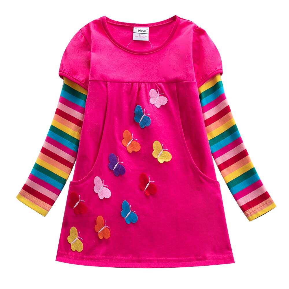 Robe brodée à manches longues pour filles, Style d'automne, deux poches, arc-en-ciel, manches rayées, en coton, LH5809: LH5803 fuchsia / 5-6Y