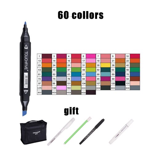 Touchcinco marcadores para desenho 12/24/30/40/60/80/168 cores ponta de escova dupla marcador de arte profissional de álcool anima: 60 Colors black