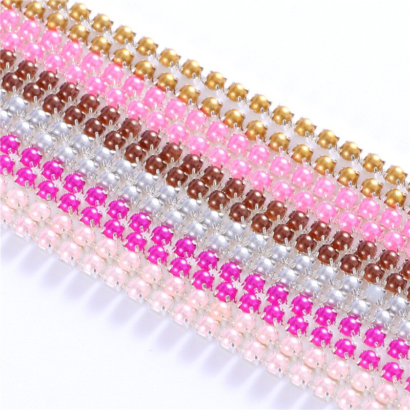 2Mm Crystal Pearl Rhinestone Chain Silver Base Cup Parel Ketting Voor Naaien Diy Kledingstuk Accessoires Trim