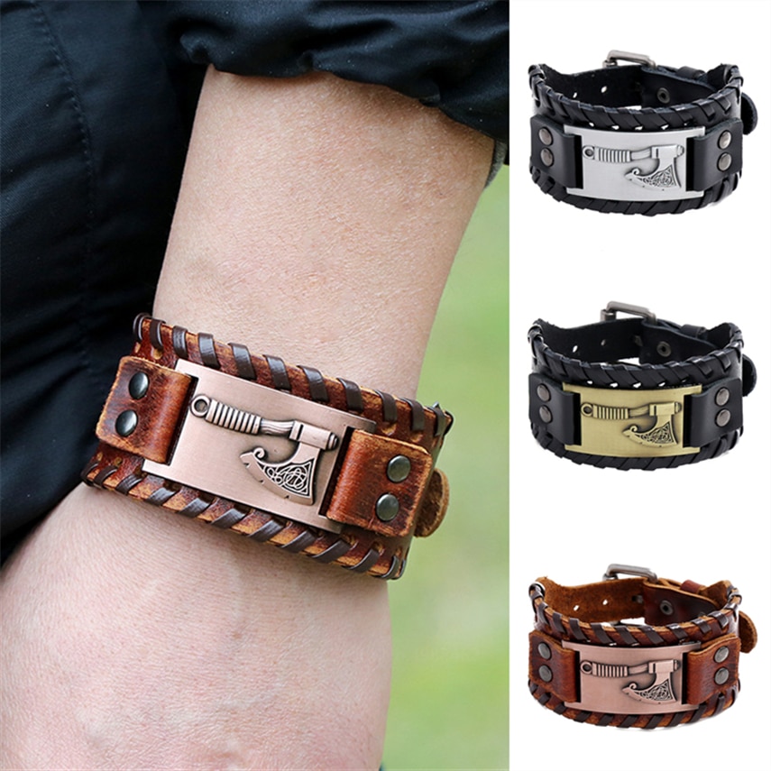 Adulto Medieval Cosplay pulsera de cuero Vintage Punk vikingo Ax guantelete pulsera brazalete Steampunk mediana edad Accesorios