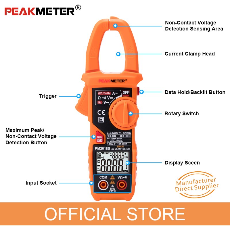 Official PEAKMETER Portable Smart AC Digital Clamp Meter Multimeter AC Current Voltage Resistance Continuity Measurement Tester