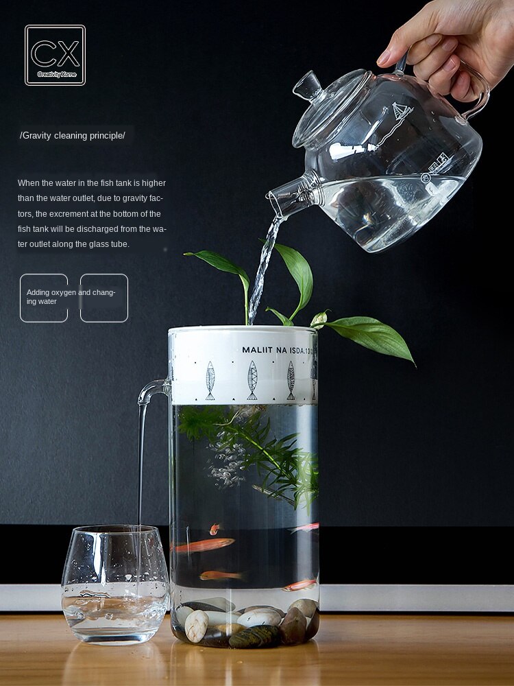 Home Lazy Mini Mini Fish Tank Office Desktop Transparent Glass No Water Change Gravity Clean Ecological Fish Tank