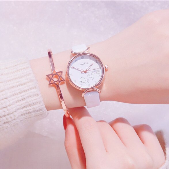 Montre lumineuse pour enfants de marque ulzzang, montres pour filles, montres pour enfants, horloge à quartz en cuir, dessin animé mignon pour étudiants: Blanc