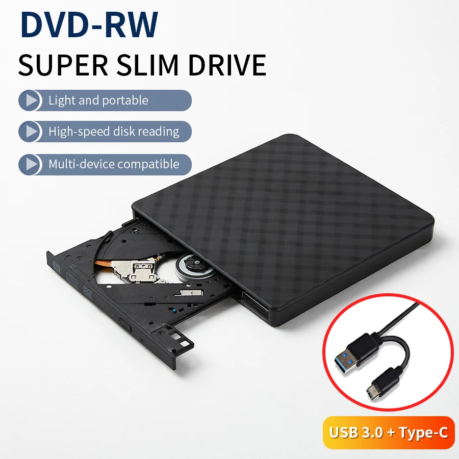 2 In 1 USB3.0 Type-C Slim External DVD RW CD Writer Drive Burner Reader Player Optical Drives For Laptop PC Portable DVD Burner