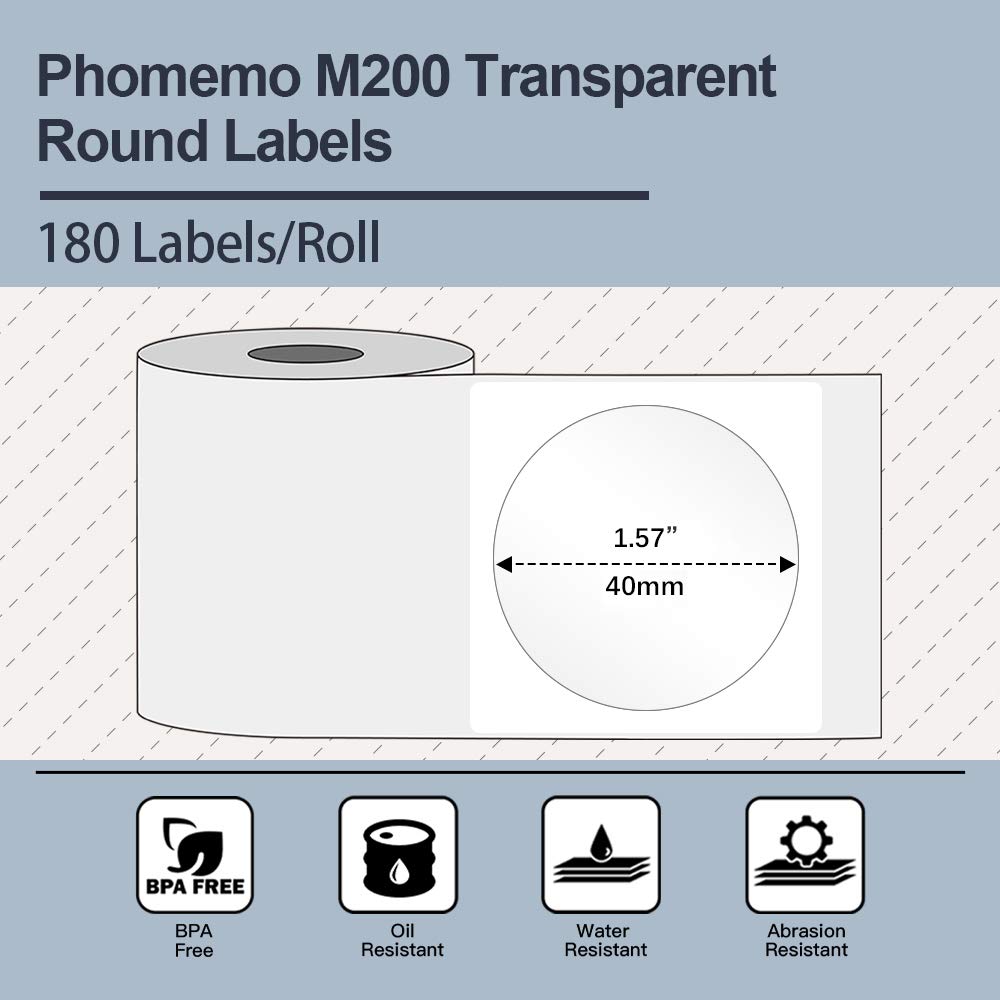 Phomemo M110 Etichette Termiche Carta Adesiva Carta Rotonda Trasparente 1.57 "x 1.57" Etichette Termiche Adesive Carta Stampante per M200 M221