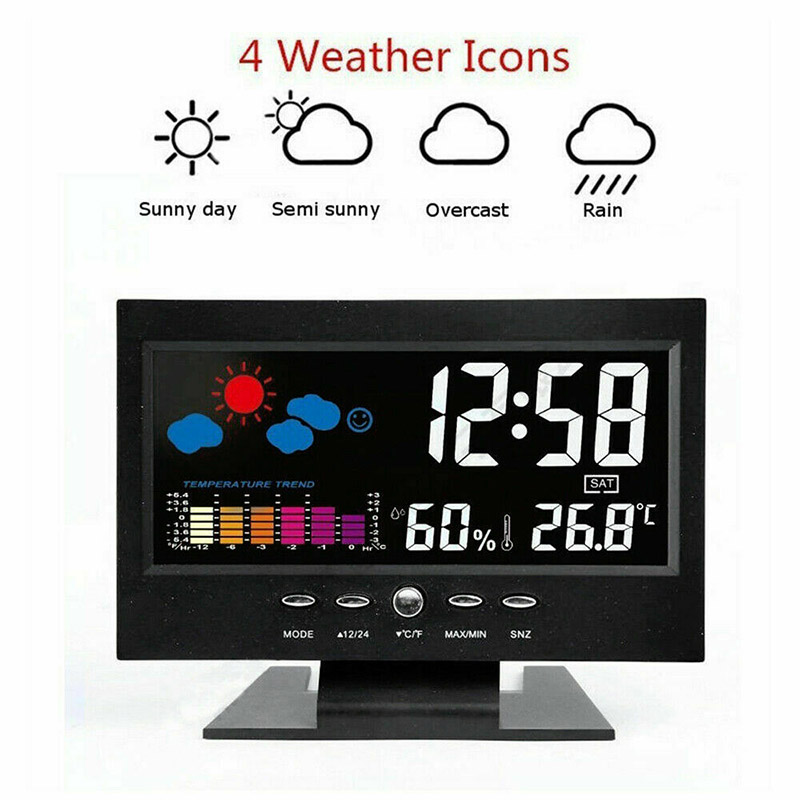 Calendrier électronique LCD, horloge numérique avec moniteur de température et d'humidité, prévisions météorologiques, réveil pour maison et bureau