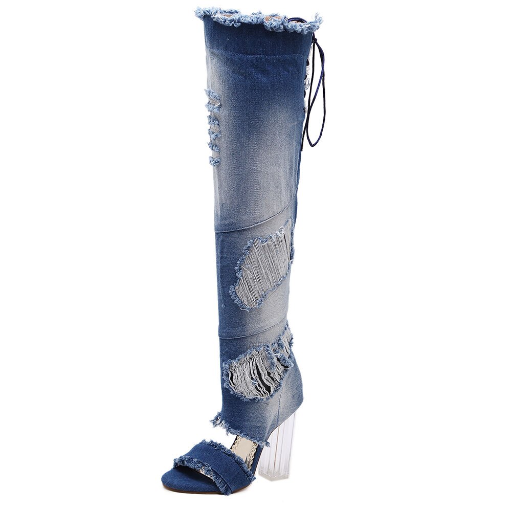 Sarairis Denim Peep Toe Zomer Laarzen Vrouw Schoenen Vierkante Hoge Hak Over-De-Knie Laarzen vrouwen Schoenen Schoeisel: 5