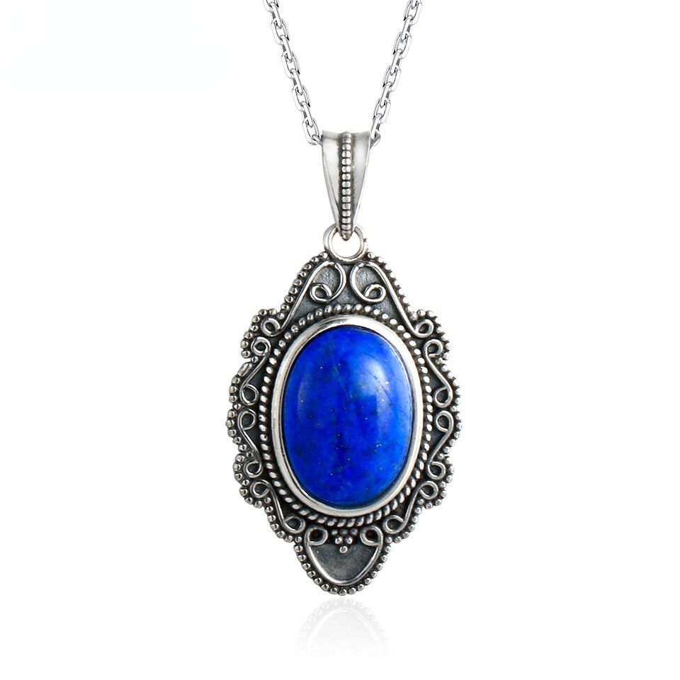 925 Sterling Silber Halskette Jahrgang Oval Lapis Anhänger Halskette Schmuck für Frauen Party Geburtstag Edlen Schmuck: Ursprünglich Titel