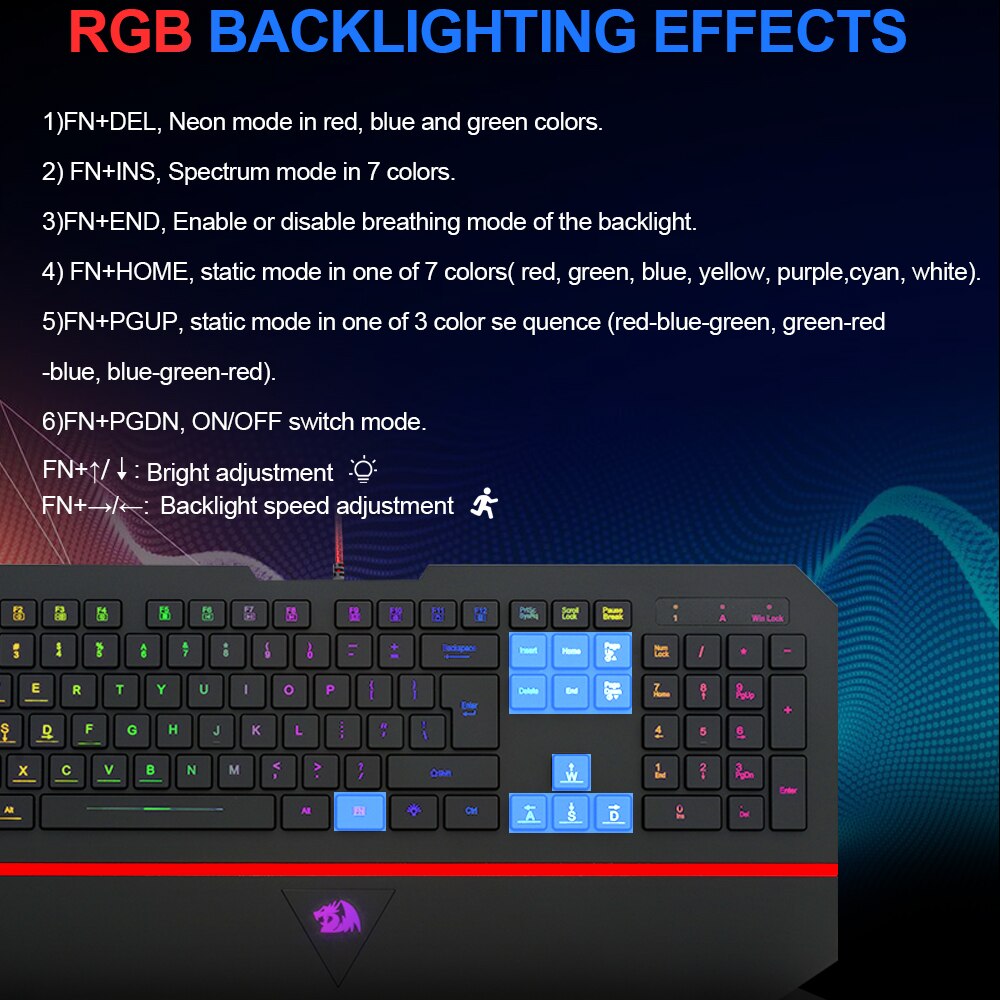 Redragon KARURA 2 K502 RGB USB gaming Membrane Silent keyboard LED backlit 104 keys wired Computer PC gamer with Wrist Rest