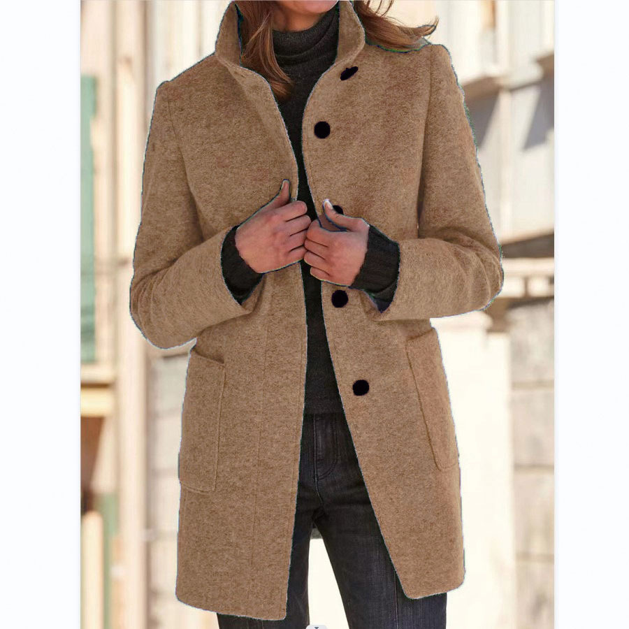 Retro wollen jas met knoopsluiting en opstaande kraag voor dames, perfect voor de herfst en winter.: S / Khaki