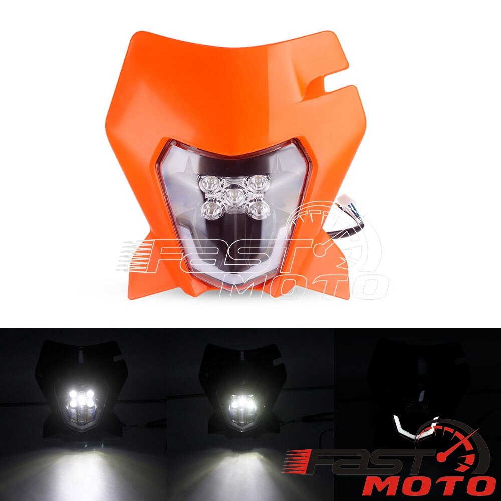 For 690 enduro R LED Headlight Front Lamp Fairing Black Off Road Supermoto Head Light Mask for Six Days EXC EXC-F EXC-W XCF: orange
