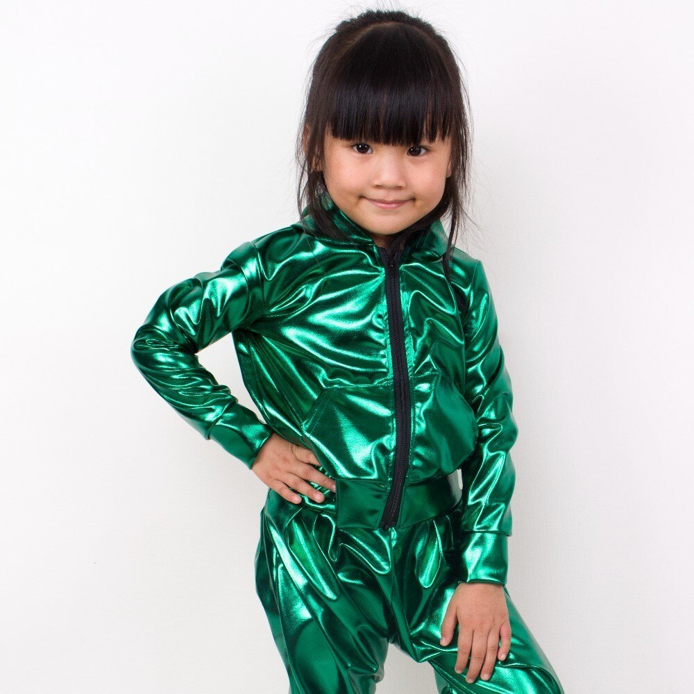 Spring Autumn Kids Green With Pockets bomber Jacket Stage Performance Wear paillette feminina casaco Hip Hop dance coat