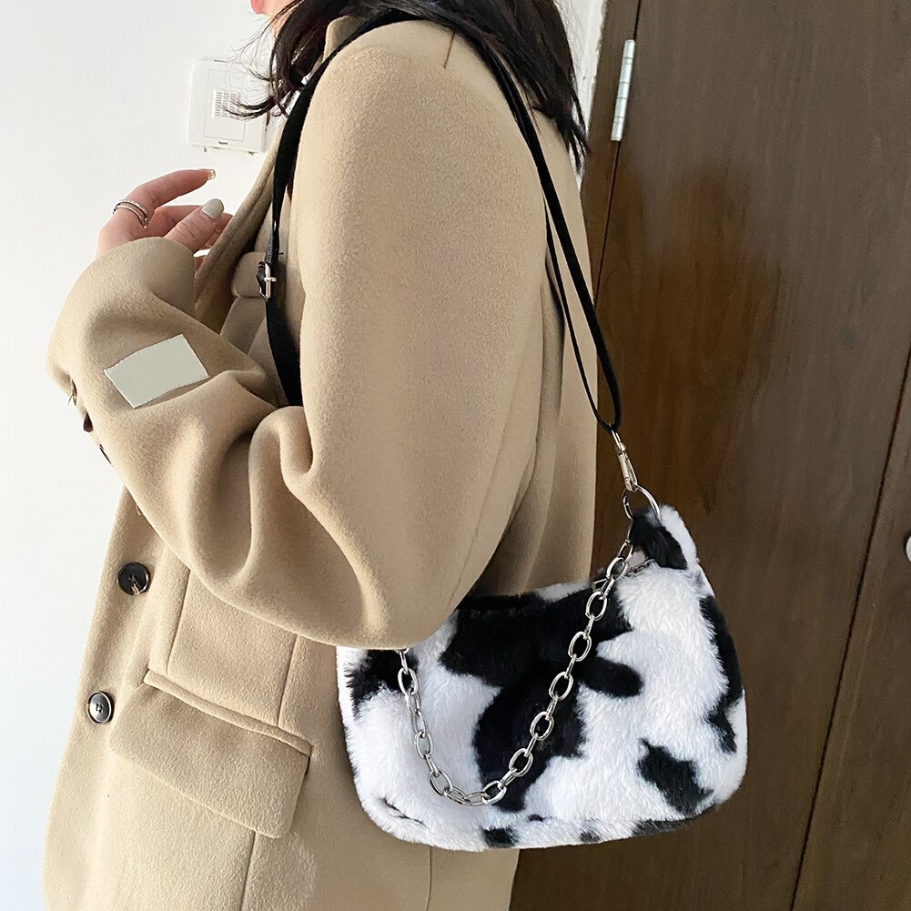 hiver vache imprimer sacs à bandoulière pour femmes doux en peluche sac à main femme chaîne sac bandoulière fourrure moelleux sac sac femme