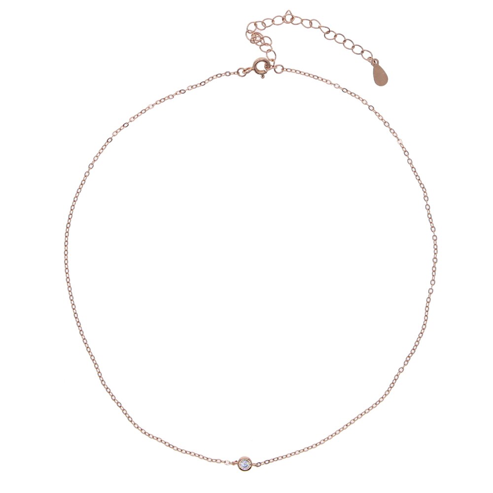 minimal delicate 925 sterling silver single 3MM bezel cz cubic zirconia thin silver chain choker necklace for women jewelry: rose gold white cz