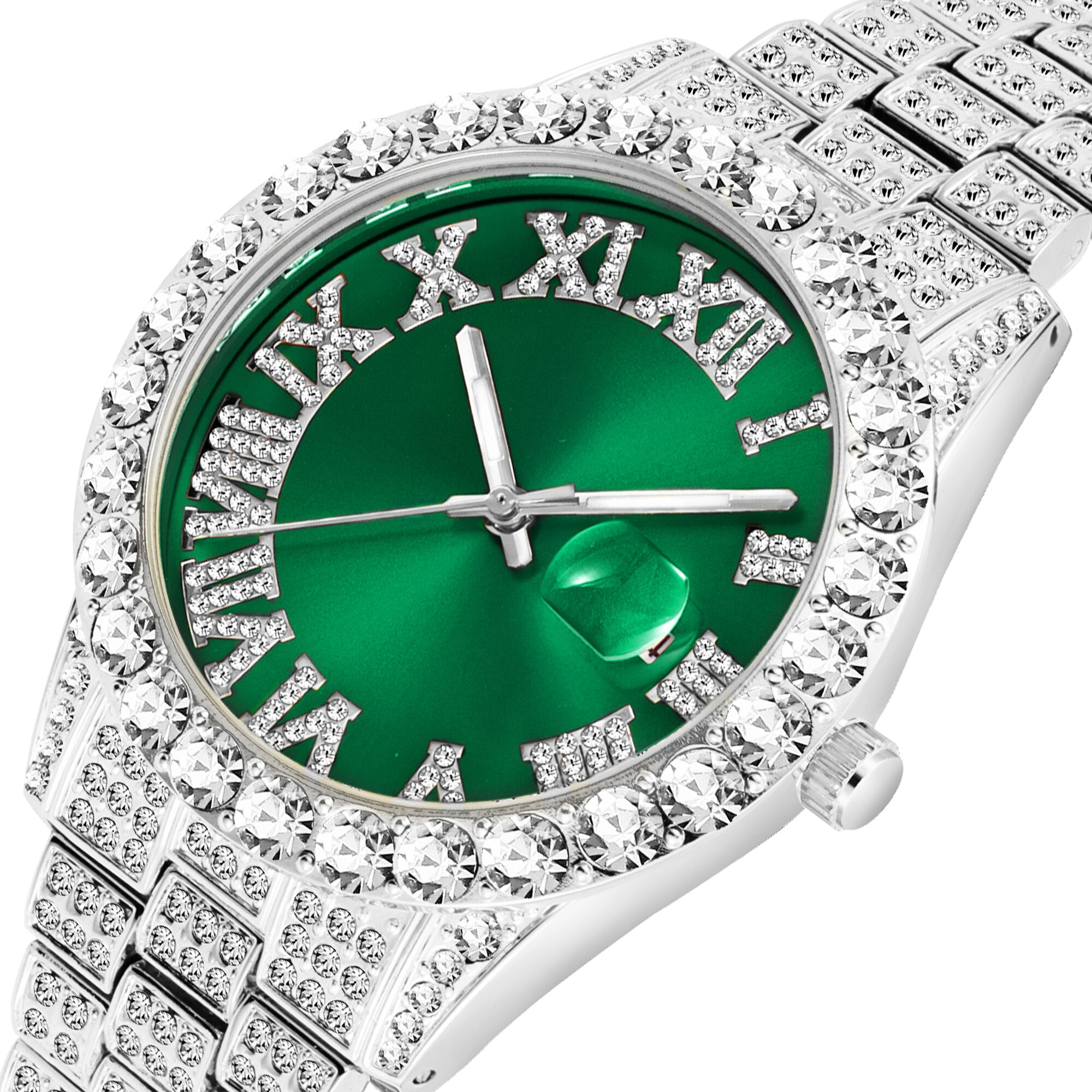 Dropshipping złoty zegarek dla mężczyzn pełna diament zielony kalendarz biznes styl biodro-hopowy zegarki tarczowe kwarcowy na rękę człowiek nowy 2021: 2643zielony-S