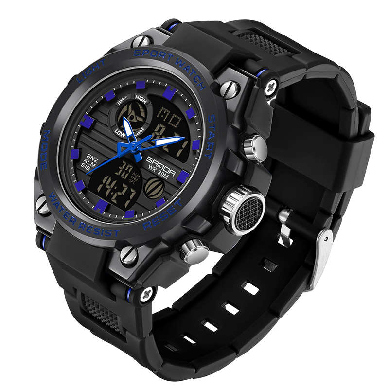 Reloj electrónico SANDA 739 para hombre, cronómetro de cuenta regresiva doble de lujo, resistente al agua, deportivo, Digital, luminoso, batería Original japonesa: Azul