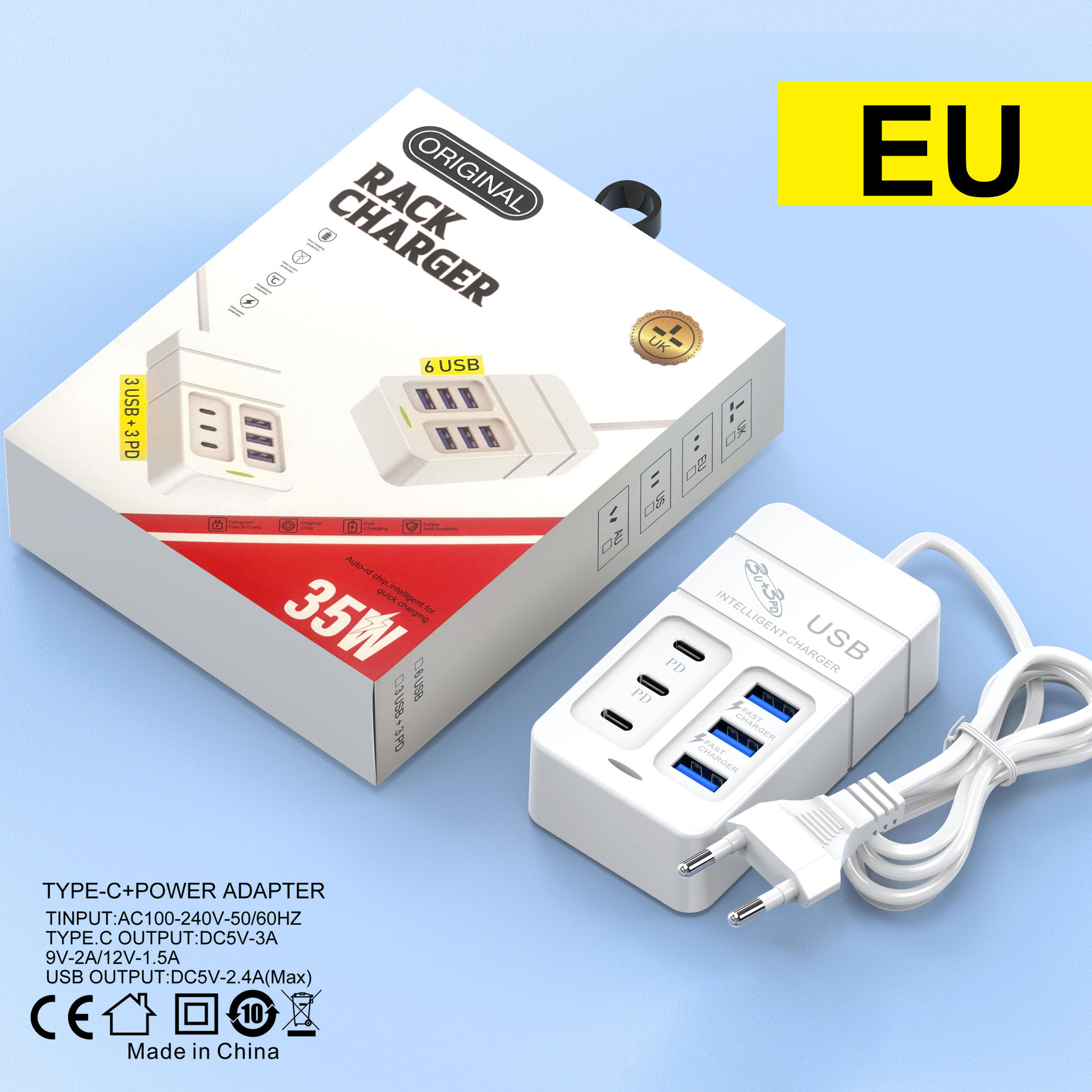 Ładowarka USB 35W typu C z wtyczką USB 6 portów 3A Szybkie ładowanie telefonu komórkowego Ładowarka sieciowa EU/US/UK Rozgałęźnik USB: Srebrny