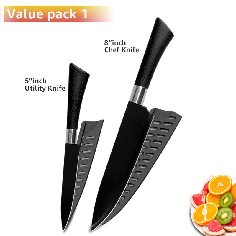 Chef Knives Set Stainless Steel Paring Utility Santoku Chef Slicing Bread Knives Black Blade Kitchen Accessories Set Tools: set 7