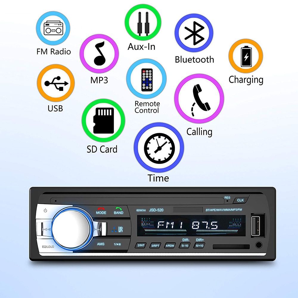 Hikity-Autoradio stéréo, Bluetooth, récepteur, MP3, USB JSD-520, SD, entrée auxiliaire, 1 din, lecteur multimédia, pour voiture