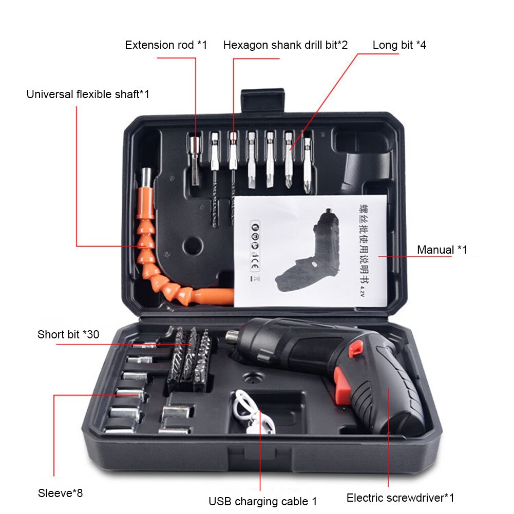 Electric Screwdriver Set with Light Cordless/Storage Box Multi-function Power Drill USB Rechargeable Power Tools with Bits