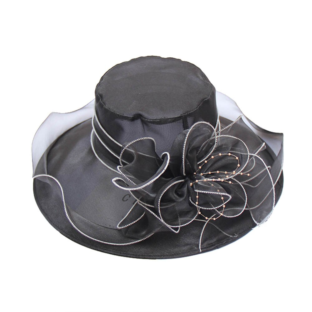 Sombreros elegantes de iglesia para mujer, gorros de fieltro de hilo de red Floral grande para mujer, sombreros de Sol de ala ancha de verano, gorros de fedora vintage: Black B
