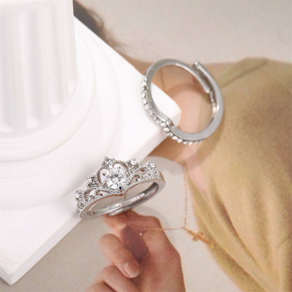 2 uds anillos de corona brillante de hadas para mujeres adolescentes cristal coreano ajustable plateado de aniversario conjunto de anillos de Reina joyería