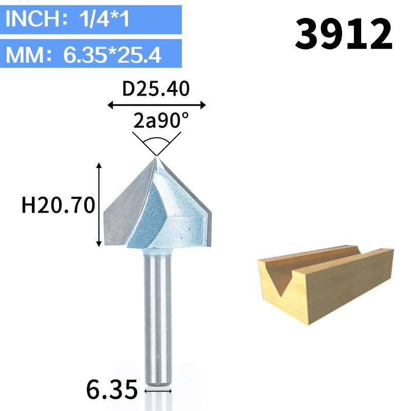 HUHAO 1 Uds 1/2 "1/4" vástago fresas de enrutador de grado Industrial para madera 90 Deg V tipo ranurado cortador de tungsteno herramienta de tallado de carpintería: 3912