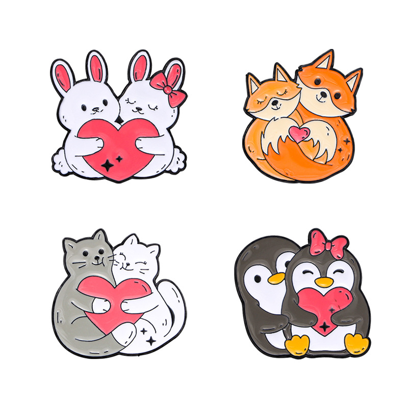 4 Stuks Cartoon Dierenhartliefhebbers Emaille Pin Creatieve Pinguïn Kat Konijn Vos Metalen Broche Badge Rugzak Kleding Hoed Accessoires: Default Title