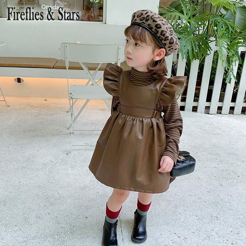 Wiosenna jesienna dziewczęca sukienka na szelkach dziecięca sukienka z PU dla dzieci dziecięca spódnica z dzianiny faux Skórzany ruched latający rękaw od 1 robić 7 lat