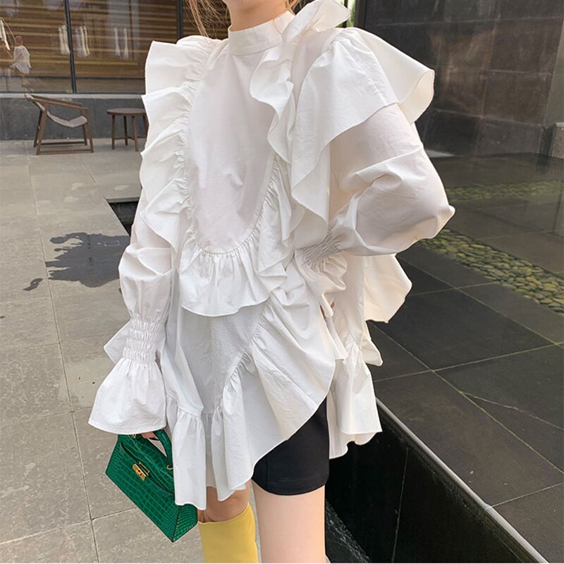 XITAO-chemisier à manches longues femme, vêtement minoritaire blanc, ample, grande taille, à manches évasées DZL1934