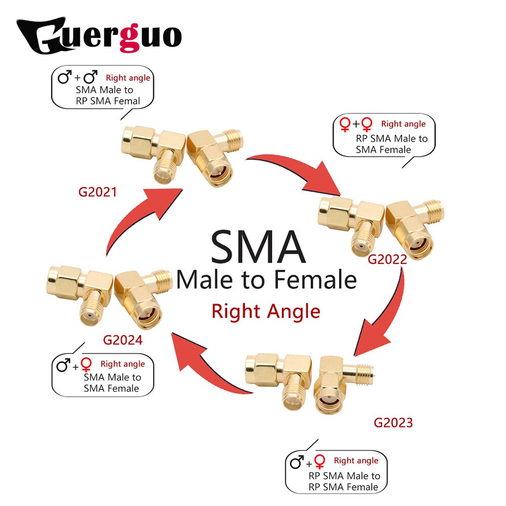 Conector SMA a SMA macho hembra RP SMA a SMA macho RPSMA, convertidor de adaptador RF de 3 vías de ángulo recto