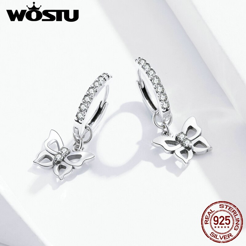 Wostu ægte 925 sterling sølv sommerfugl hoop øreringe klare zirkon øreringe til kvinder bryllup unikke smykker cqe 833