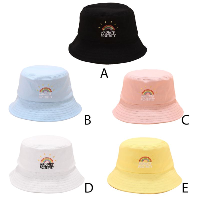 Women Girl Preppy Style Flat Top Bucket Hat Rainbow Letters Embroidery Candy Color Harajuku Hip Hop Student Summer Fisherman Cap