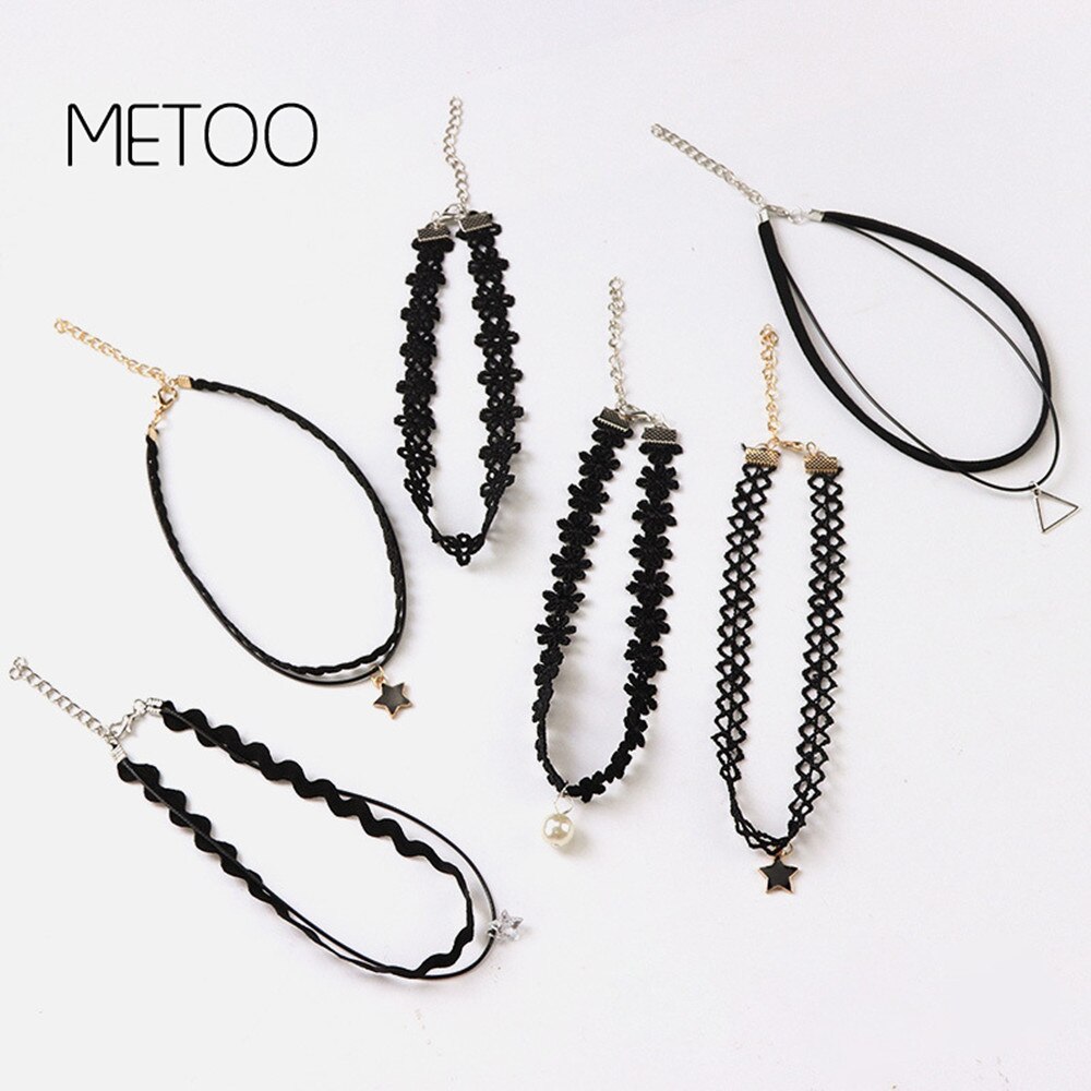 METOO 11pcs Dei Monili Delle Ragazze per I Bambini Nero Della Collana Multi Strato di Pizzo Catene Choker Della Collana Per Bambini Gotico Stretch Gioielli Bambino: 6 PCS