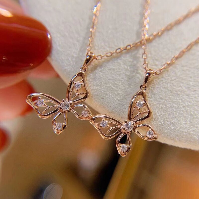 925 silber Rose Gold Farbe Spitze Schmetterling Anhänger Halsketten für Frau Mädchen Bling Halskette Feine Halsreif Hochzeit Silber Schmuck