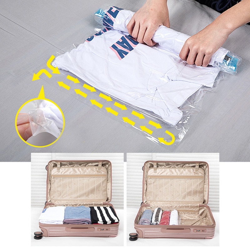 Portable Hand Rolling Compression Vacuum Bag Border Foldable Compressed Home Clothes Plastic Storage Bag Space Saving Seal Bags