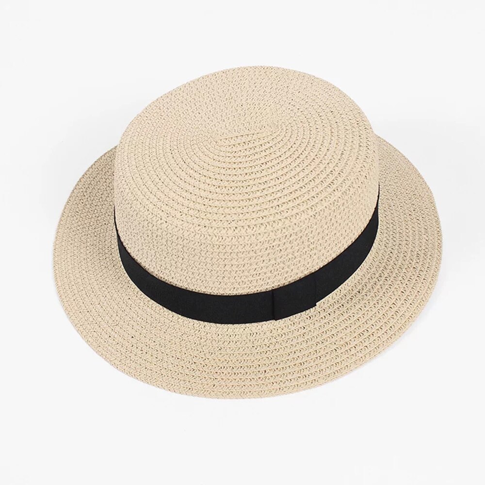 #39 bånd strå solhat åndbar stor skygge strand sommerbådsfart strandbånd rund flad top hat til kvinder