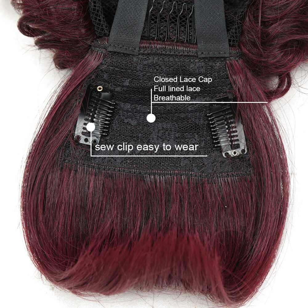 12Inch Kinky Curly Synthetic Ponytail Extention Wig inclined Bangs Built-in BB clip Bang and Wig For Women Golden Beauty
