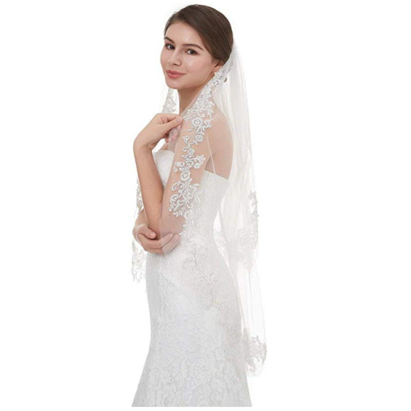 Belle dentelle côté incrusté fleurs mariage mariée voile une couche de gaze blanche doux net insérer peigne diadème mariée châle court voile