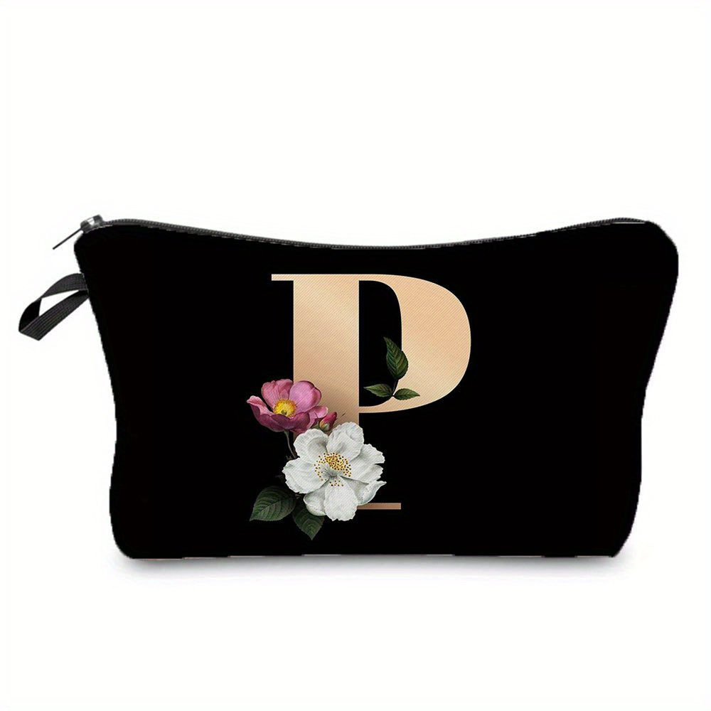 Flower & Letter Print Cosmetic Bag, Zipper Portable Makeup Pouch, Lightweight Coin Purse toiletry bag cajas organizadoras: Orange