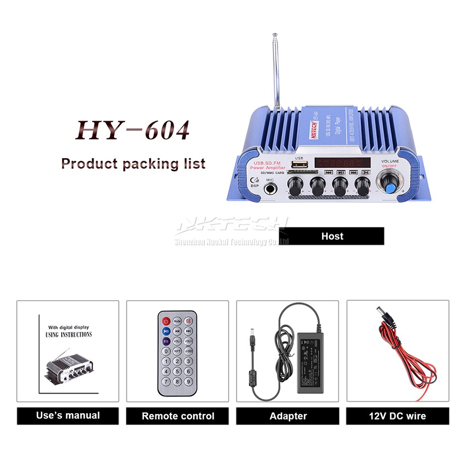 NKTECH HY-604 Auto Audio- hoch Energie Digital Verstärker 4CH x 45W Hallo-fi-Spieler mit MIC Karaoke Nachhall Unterstützung FM SD DVD MP3