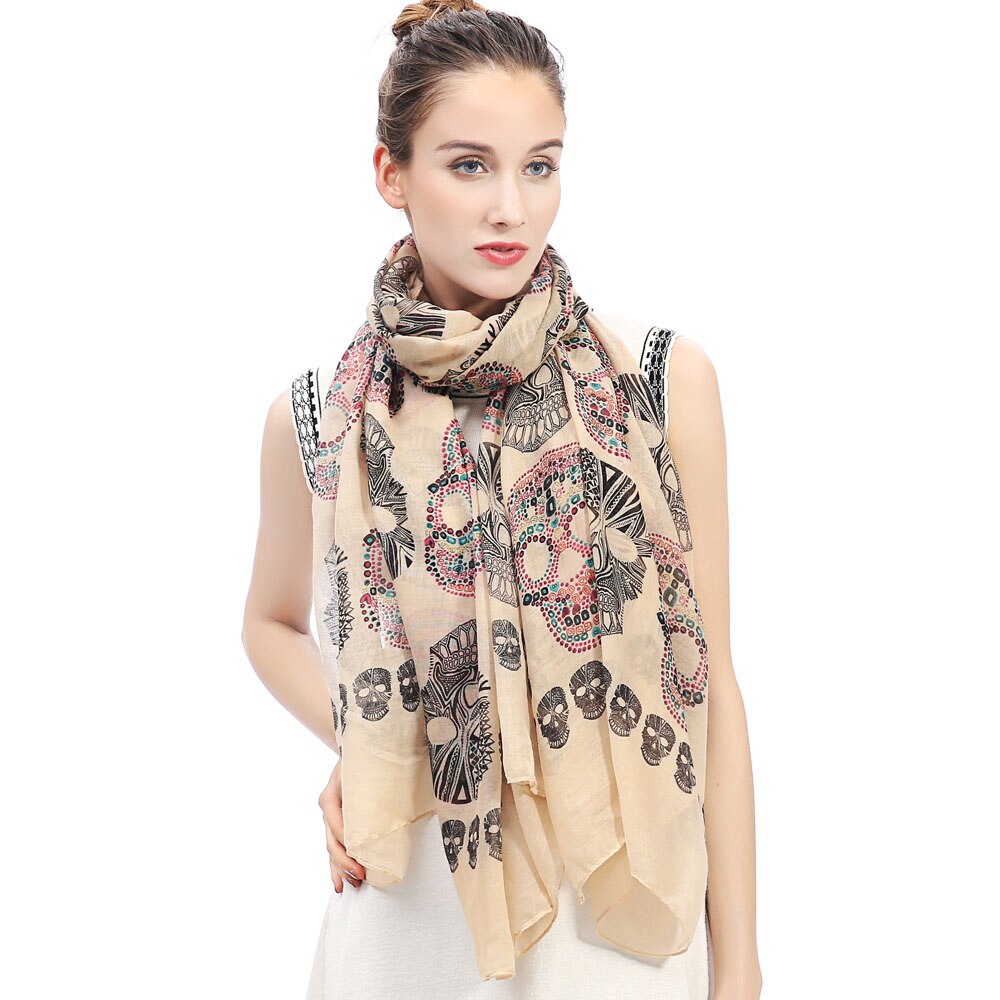 Sugar Skull Print Women's Large Scarf Shawl Wrap Accessories: tan