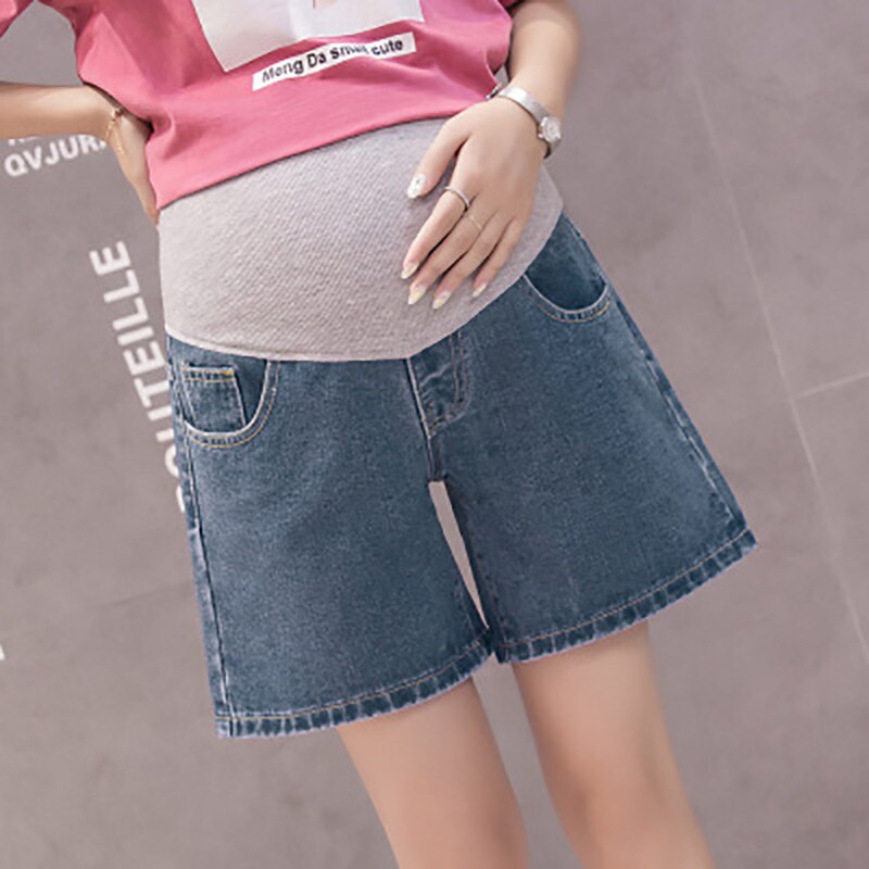 Été mince Denim maternité jean court ventre Shorts amples vêtements pour femmes enceintes jambe large grossesse Shorts décontracté és: Bleu / XL