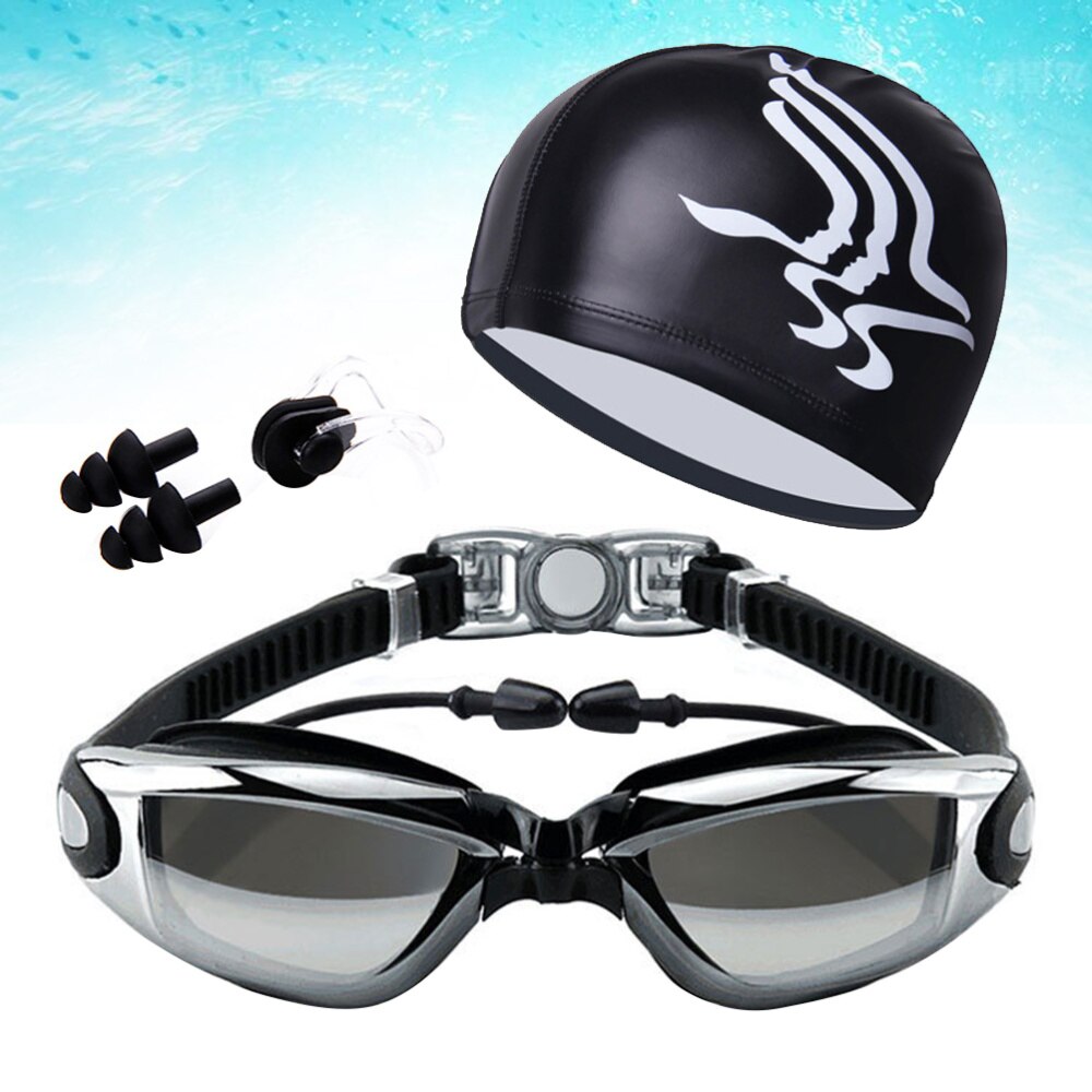 High Definition Swimming Goggles Anti Fog Diving Glasses Electroplated Goggles With Cap for Man Woman (Black)