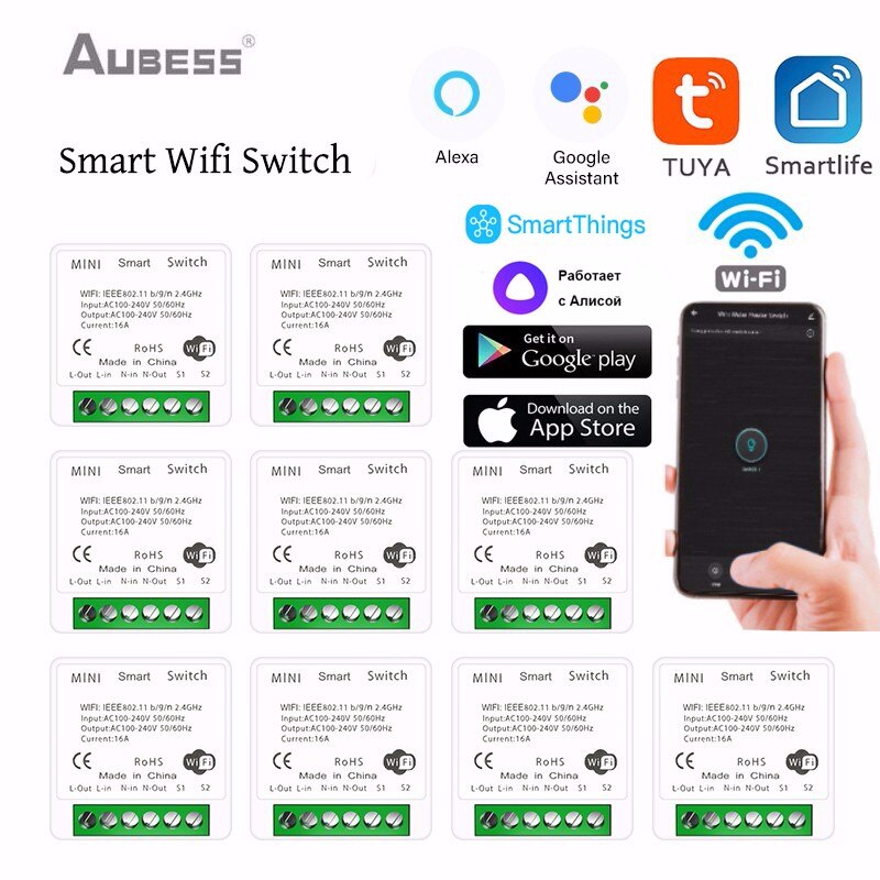 Aubess-interruptor inteligente con WiFi para el hogar, dispositivo Universal con Control remoto inalámbrico, funciona con la aplicación Smart Life, Alexa, Google, Yandex, Alice
