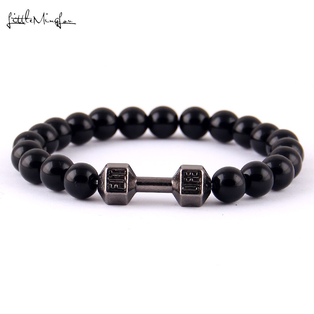 Little Minglittle Fit Life Dumbbell charm fitness bracelet Black Matte stone bead men Bracelets & bangles for women jewelry: 4238c